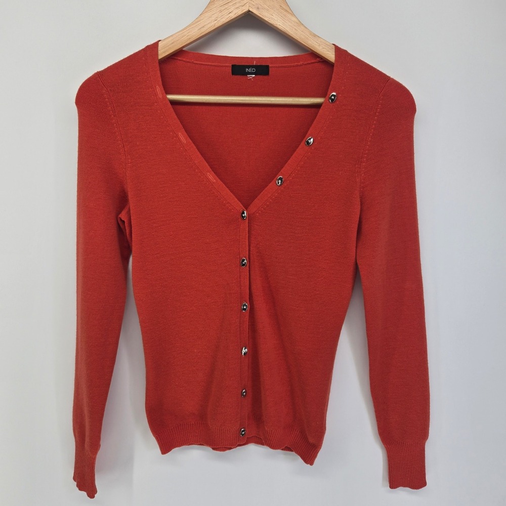 INED Cardigan Sz 9 XS Fire Red Wool V-Neck Button Long Sleeve Made In Japan